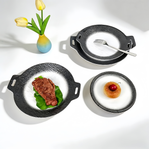 Gradient Black White Melamine Plate Set with Handles
