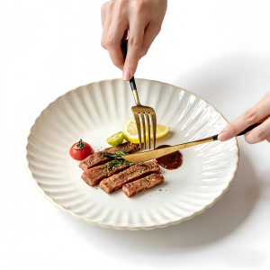 Embossed Chrysanthemum Ceramic Plate for Pasta & Steak