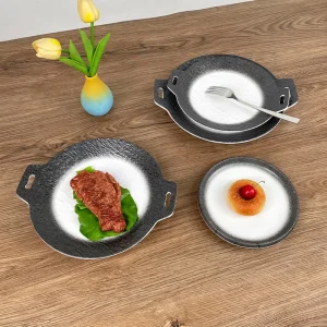 Bestwares Wholesale High Quality Gradient Black White Textured Melamine Plate Set with Handles for Sushi