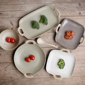 Classic Double Ear Square Dish Disposable Ceramic Clay Porcelain Hemp Rope Solid Pattern Glazed Sushi Serving Plate Household