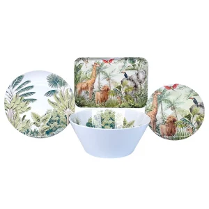 Wholesale Tropical Rainforest Animal Plant Pattern Melamine Tableware Set Home Restaurant Serving Fruits Bowl and Round Plates