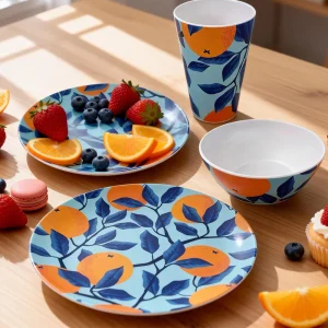 Bestwares Wholesale Durable Orange Fruit Pattern Melamine Dinnerware Set 6 Inch Bowl 9 Inch Plate Cup for Home