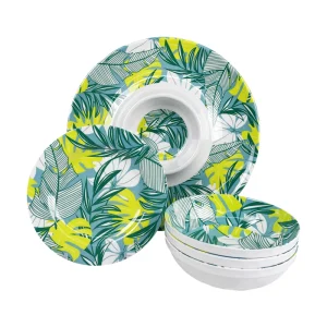 Bestwares Wholesale Unbreakable Tropical Leaf Print Round Melamine Dinnerware Set for Home Kitchen Restaurant
