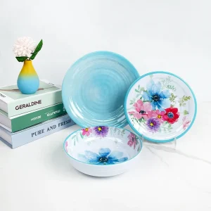 Wholesale New Watercolor Flower Turquoise Rim Ribbed Melamine Dinnerware Set Plate Bowl for Wedding Home Restaurant Party